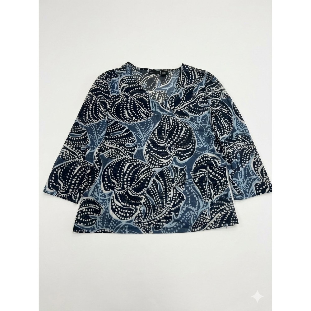 Tahari Mesh Top Womens Medium Blue Tropical Leaf 3/4 Sleeve Layered Scoop